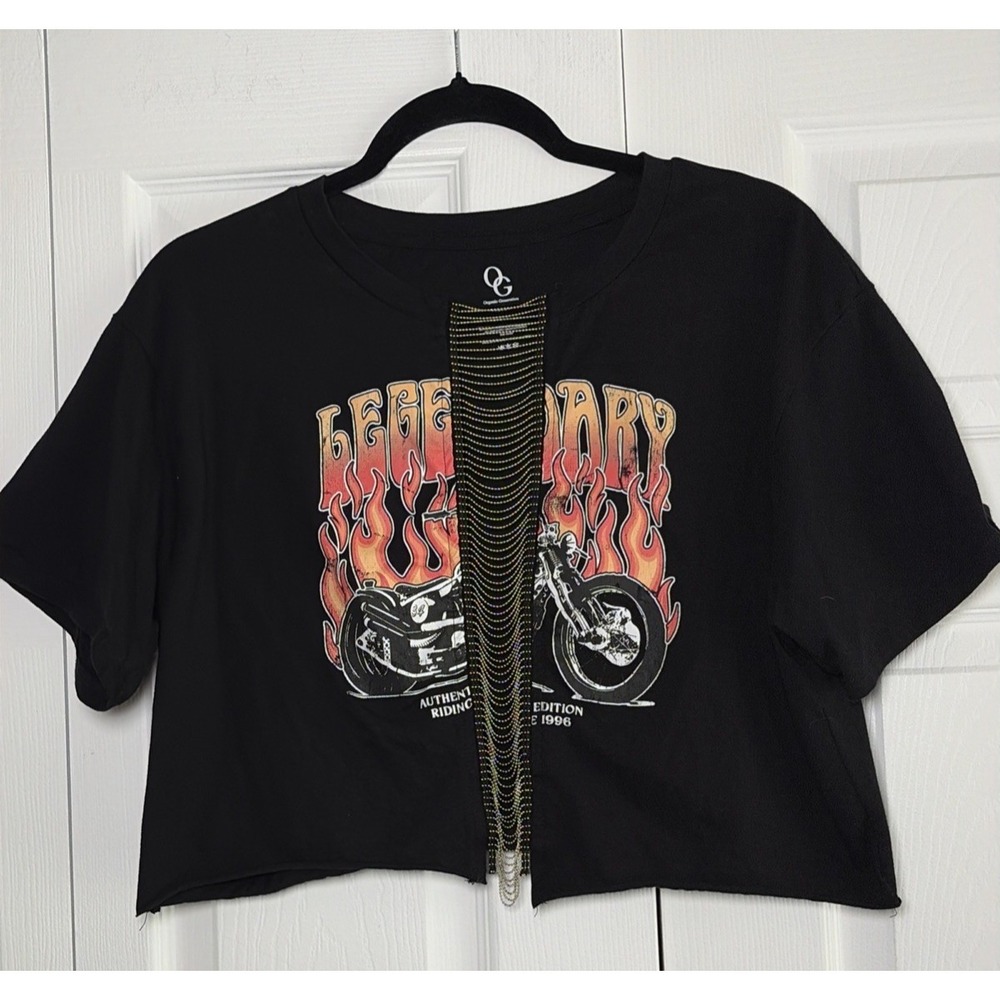 Organic Generation Legendary Biker Crop Top Womens Size XL Black Flame Chain Y2K